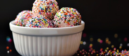 Wall Mural - Close-up of truffles with rainbow sprinkles in a white bowl, on a table, against a black backdrop. Perfect for party celebrations or special events.