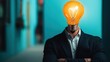 © Lens Legacy - A person wearing a suit with a lightbulb as their head crosses arms against a blue-lit background, symbolizing brainstorms and modernity in thought processes.
