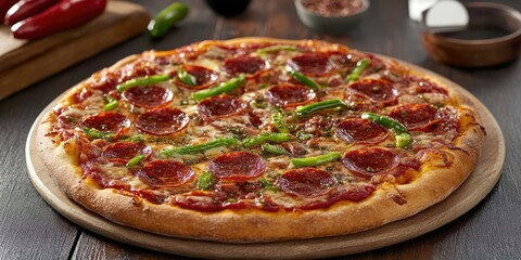 Sticker - Delicious pepperoni pizza topped with spicy green chili peppers, combining flavors that elevate the classic pepperoni pizza experience to a whole new level of taste and excitement.