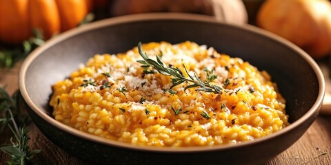 Canvas Print - Delicious homemade pumpkin risotto featuring fresh herbs, perfect for a comforting meal. This pumpkin risotto is rich in flavor and made with wholesome ingredients for a healthy dining experience.