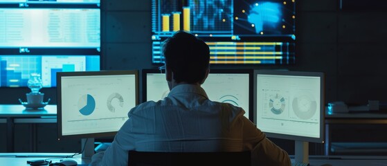 Wall Mural - a focused analyst monitors multiple screens analyzing data visualizations in a dimly lit office, cap