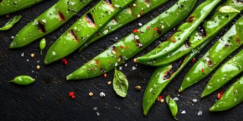 Wall Mural - A captivating shot of delicious grilled snow peas, showcasing the vibrant colors and textures of fresh snow peas perfectly cooked for a delightful culinary experience with delicious snow peas.