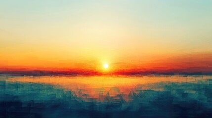 Wall Mural - A low-res digital abstraction of a sunset scene with pixelated sun and soft color transitions across the horizon