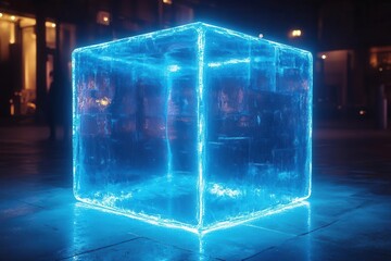 Wall Mural - futuristic blue neon cube radiating light against a pristine white backdrop, creating a striking visual element that evokes a sense of modern technology and innovation
