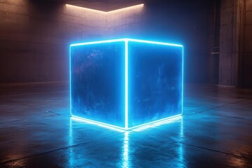 Wall Mural - futuristic blue neon cube radiating light against a pristine white backdrop, creating a striking visual element that evokes a sense of modern technology and innovation