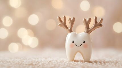 A whimsical figurine tooth adorned with reindeer antlers, set against a serene xmas backdrop of muted tones.banner/dental clinic/social post