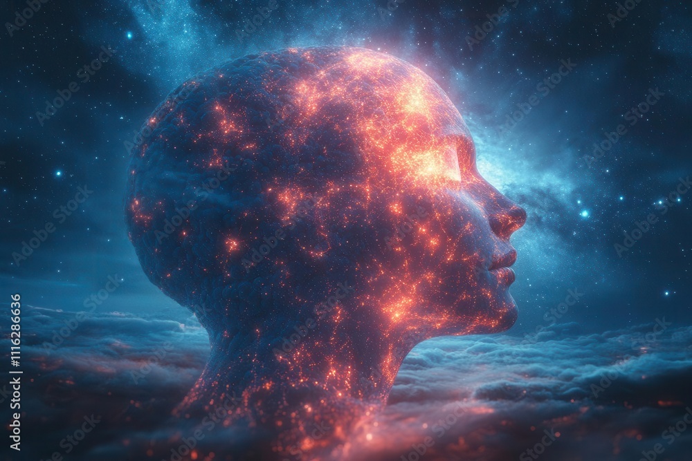 human head illuminated with glowing neurons, representing a cosmic ...