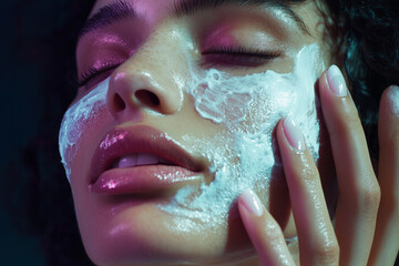 Wall Mural - beauty female woman close up detail skin care applying hydrating nourishing cream smear serum on fac