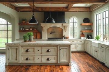 Wall Mural - inviting kitchen filled with warm light, highlighting hardwood floors, wooden beam ceilings, and a grand island topped with quartz, featuring a farmhouse sink and stylish pendant lights