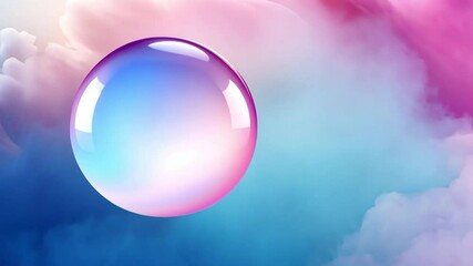 Poster - Crystal Sphere in Dreamy Clouds: A mesmerizing glass sphere, glowing with iridescent light, floats amidst ethereal pink and blue clouds, creating an otherworldly and surreal dreamscape.  