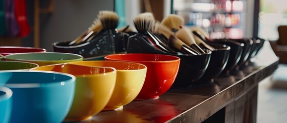 Wall Mural - vibrant ceramic bowls line a countertop, their vivid colors and glossy finish celebrating a feast of