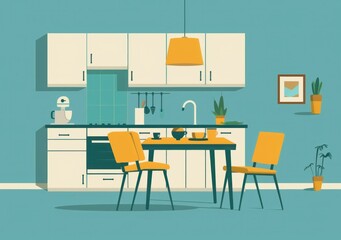 Wall Mural - modern kitchen interior, light blue tones, creative design with furniture, plants and utensils