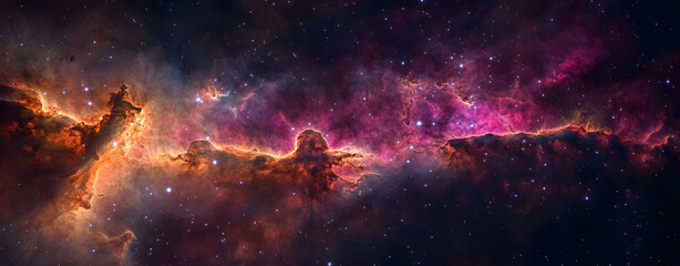 Wall Mural - outer space wallpaper. contemporary nebula panorama with pink and purple colors.