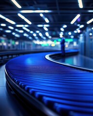 Aufkleber - A sleek, illuminated conveyor belt curves through a modern facility, with a figure in the background, showcasing a high-tech ambiance.