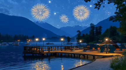 Poster - Fireworks over lake at night.