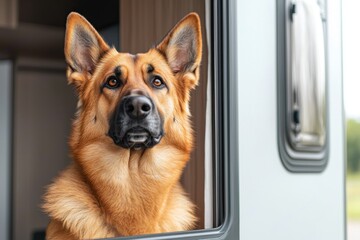 Canvas Print - Traveling with dog in RV concept. German Shepherd looking out of an RV window, capturing curiosity and loyalty