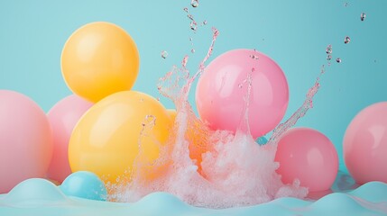 Wall Mural - Colorful balloons splashing water on pastel background