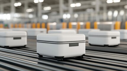Poster - A modern warehouse scene with small white containers moving along an automated conveyor belt, showcasing efficiency in logistics and inventory management.
