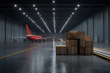 Poster - A spacious cargo hangar featuring a red airplane and stacks of boxes, illuminated by bright overhead lights, creating an industrial atmosphere.
