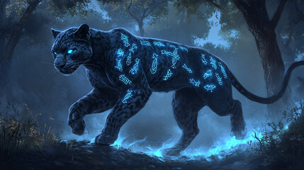 Wall Mural - A panther with glowing Norse runes along its sleek body, highlighted in silver and deep blue, prowling through a misty, enchanted forest. 