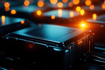 Leinwandbilder - A close-up of a shiny microchip surrounded by glowing lights, illustrating advanced technology and innovation in electronics.
