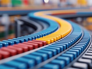 Poster - Colorful conveyor belts in a factory setting, showcasing an organized flow of materials and a vibrant industrial environment.