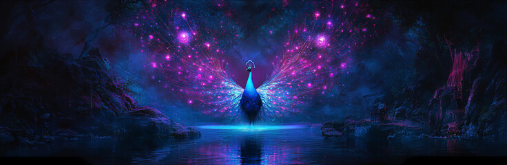 Wall Mural - a peacock with luminous galaxy-themed patterns in deep indigo and magenta, spreading its glowing fea