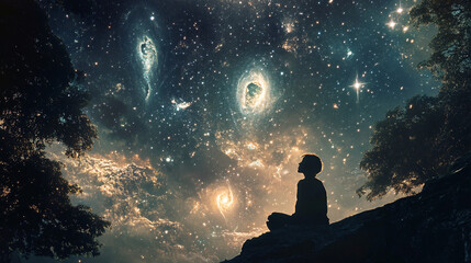 Wall Mural - a person looking up at the night sky, seeing the faces of ancestors in the stars, with constellation