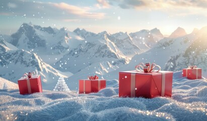 Wall Mural - Snow-covered forest with bright red Christmas gift boxes, perfect for seasonal greeting cards, New Year posters, and festive holiday banners full of warmth and cheer.