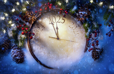 Wall Mural - art 2025 new year countdown clock with magical winter decorations on blue snowy background. christma