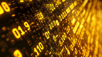 Digital data stream of binary nubers and glass fiber lines, yellow technology background, concept for cyber security and modern information exchange