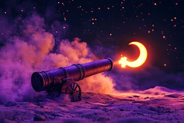 Wall Mural - ramadan cannon. gun firing at sunset time. ramadan kareem. muslims holy month of ramadan. crescent m