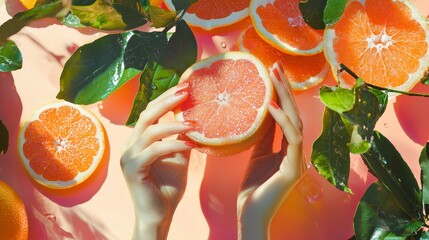 Canvas Print - Hands holding grapefruit surrounded by citrus slices and leaves