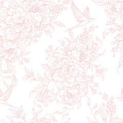  Graphic seamless pattern with flowers and birds. Illustration