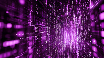 Digital data stream of binary nubers and glass fiber lines, purple technology background, concept for cyber security and modern information exchange