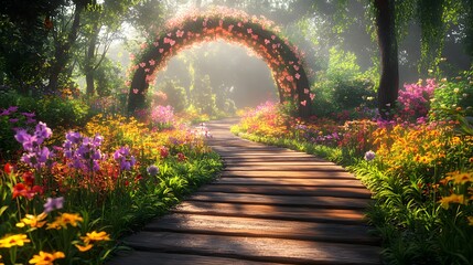 Wall Mural - Sunlit path through a vibrant floral archway in a magical garden.