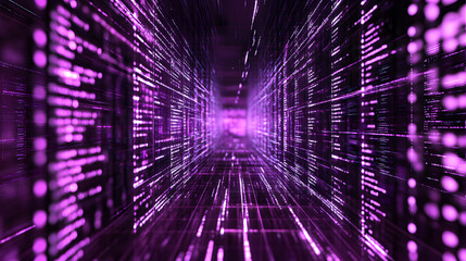 Digital data stream of binary nubers and glass fiber lines, purple technology background, concept for cyber security and modern information exchange