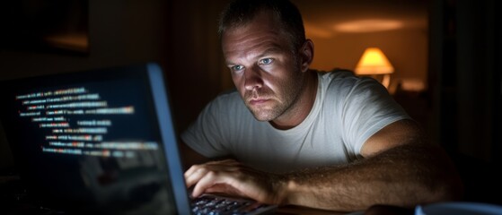 Wall Mural - a man, focused and intent, types code on his laptop late into the night, his face lit by the screen’