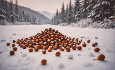 Poster - Pile of nuts is on the snow. There are many nuts in the pile
