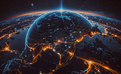 Wall Mural - planet with a bright light on it. there are many lights on the planet