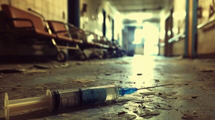 Canvas Print - Discarded syringe lies in abandoned hospital hallway.