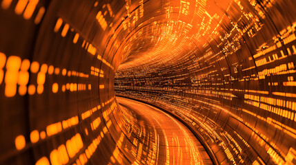 Digital data stream of binary nubers and glass fiber lines, orange technology background, concept for cyber security and modern information exchange