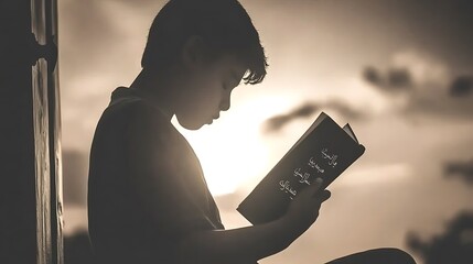 Young Boy Silhouetted Reading Book at Sunset