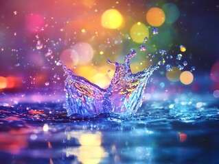 Wall Mural - vibrant splash of water creating ripple effects under colorful bokeh lights with iridescent hues and