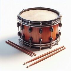 A classical drum with a polished wooden frame and metal accents sits alongside two mallets, creating an elegant musical composition. AI generated.
