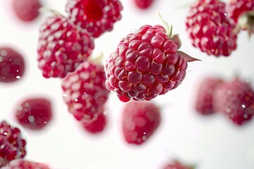 Wall Mural - Fresh raspberries gracefully floating on a pure white background, emphasizing their vivid colors.