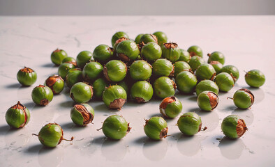 Wall Mural - Large pile of green fruit with some brown spots scattered throughout. The fruit is green and has a few brown spots, giving it a slightly aged appearance