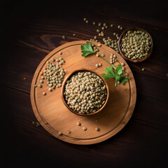 green lentils on a wooden cutting board with slices or small pieces beside it