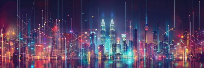 Wall Mural - Abstract Design Modern. Kuala Lumpur City Skyline with Aesthetic Intricate Wave Line and Gradient Colors
