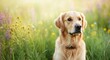 © gn8 - Golden retriever in vibrant spring meadow surrounded by colorful wildflowers